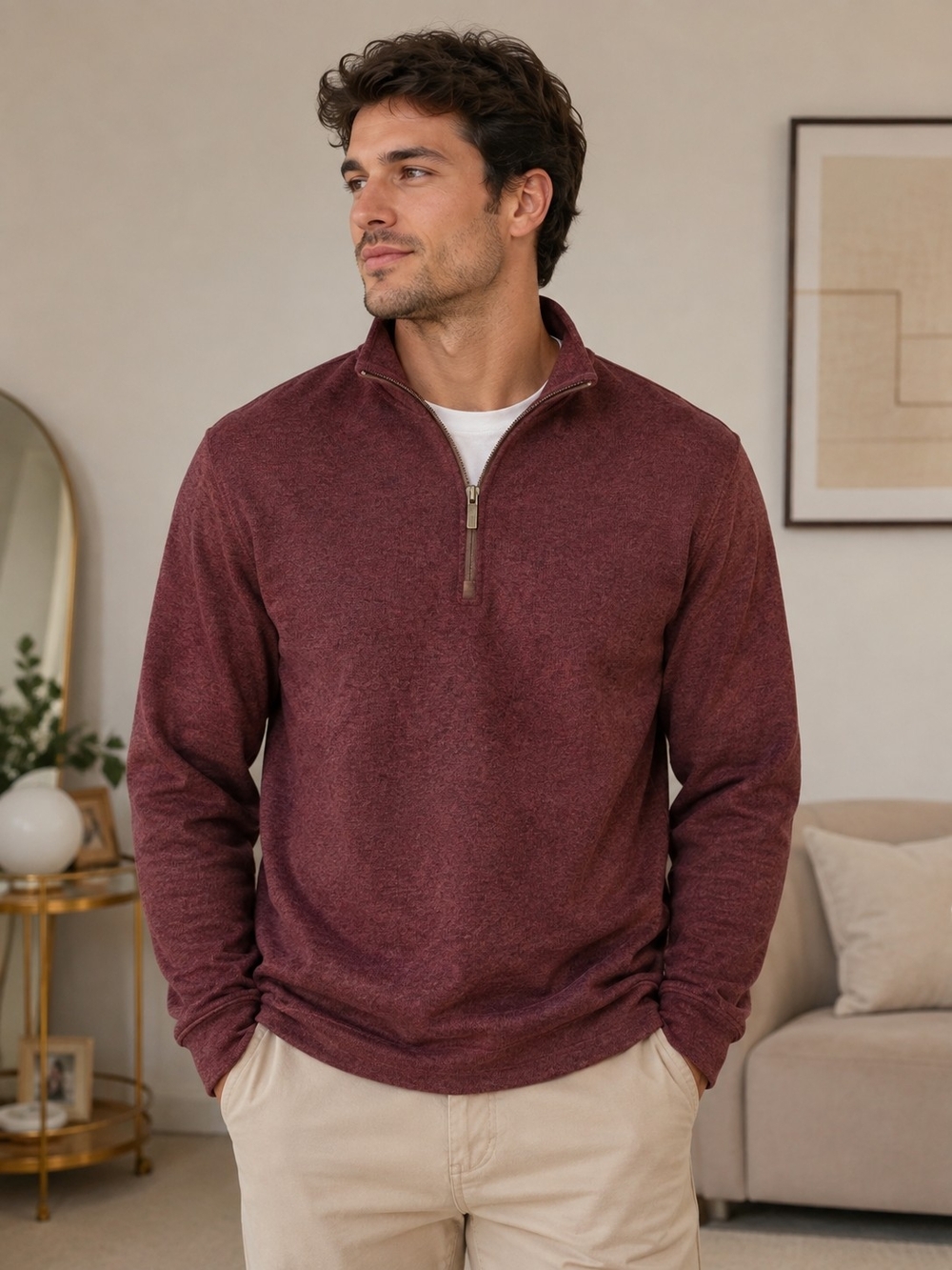 ASPEN Men's Zip Mock Neck Sweater - Burgundy Heather
